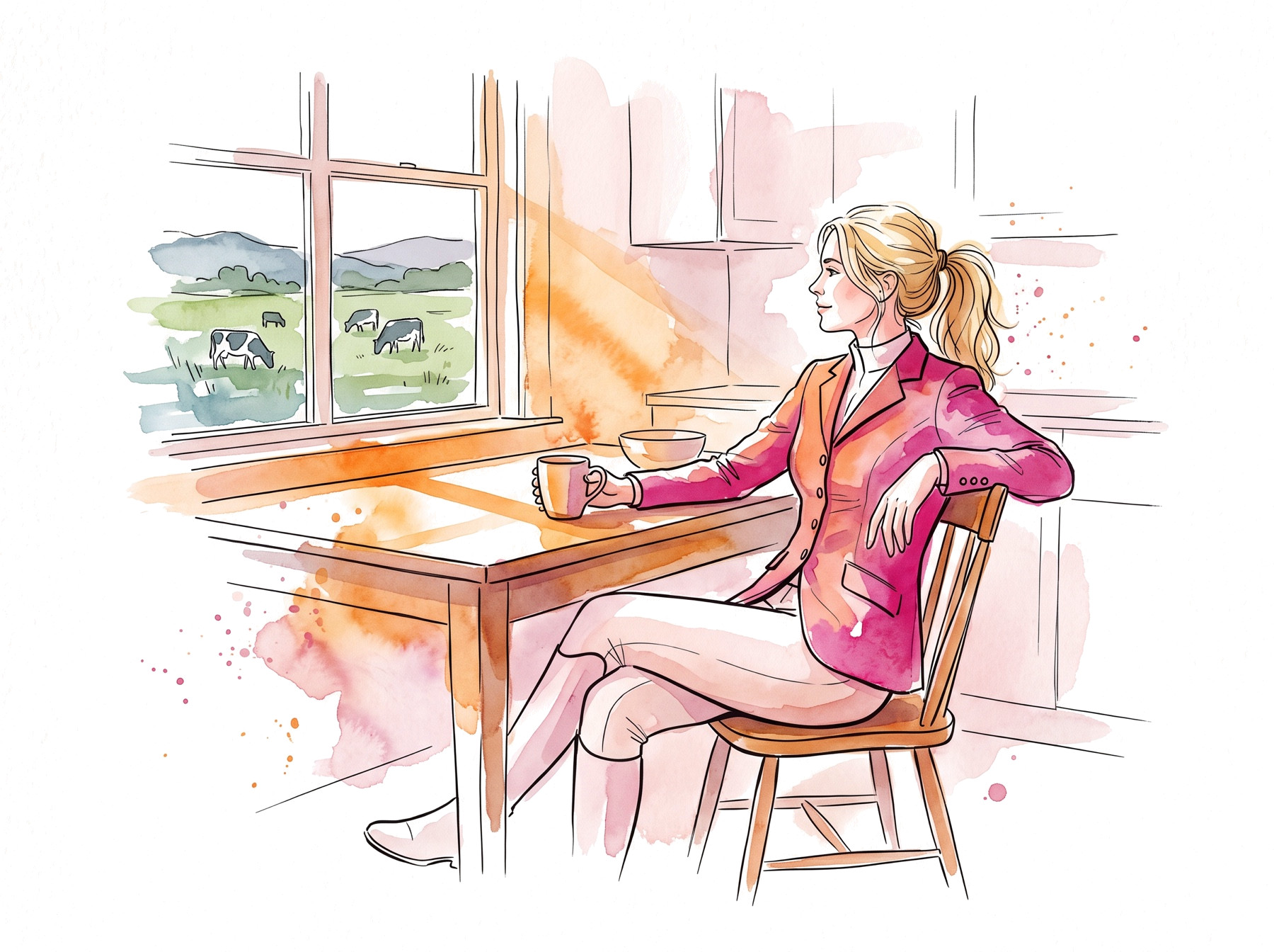 Watercolour illustration of a woman in riding gear sitting alone at a kitchen table in the morning sun, dairy cows in the paddock beyond the window