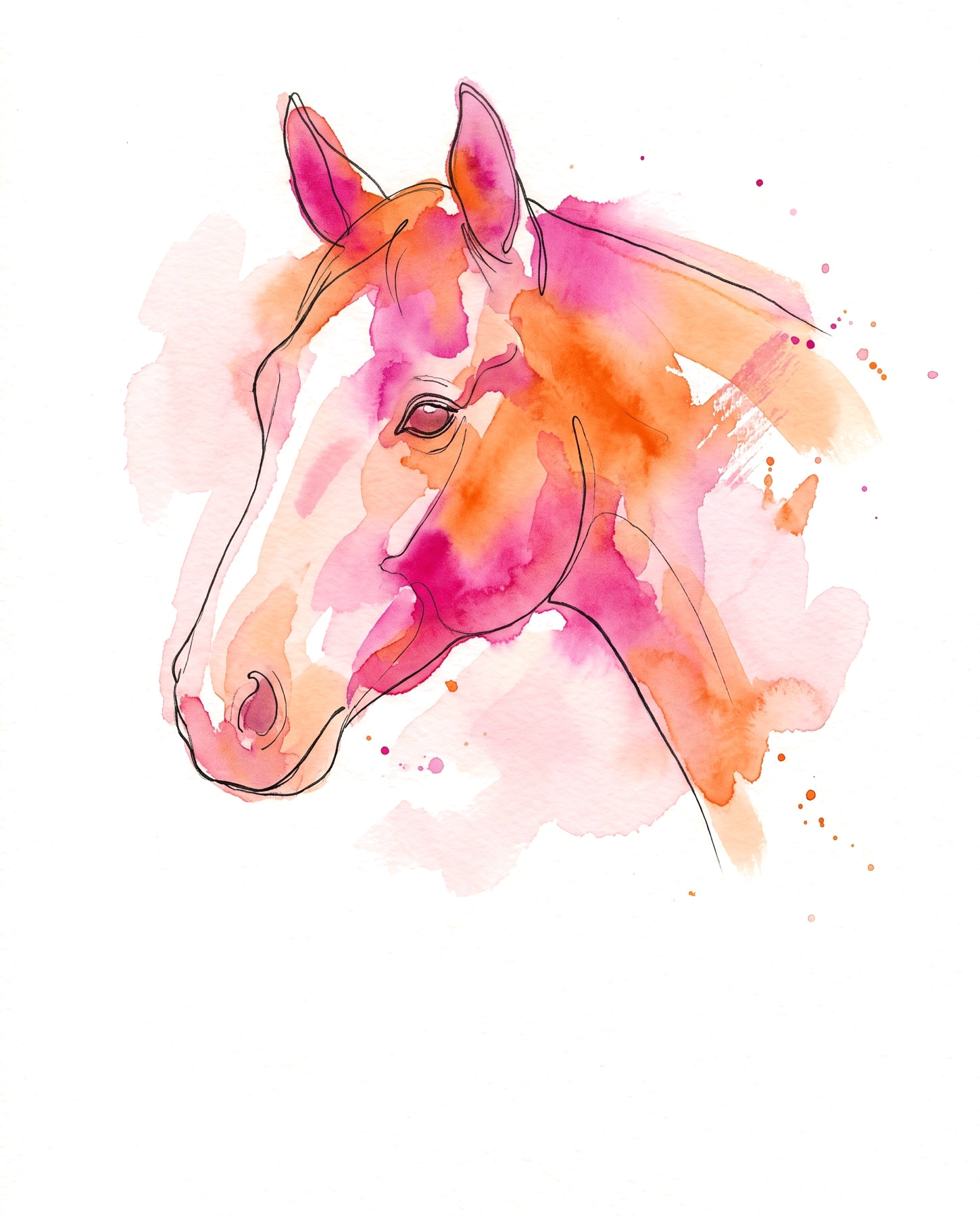 Watercolour illustration of a thoroughbred head in magenta and orange