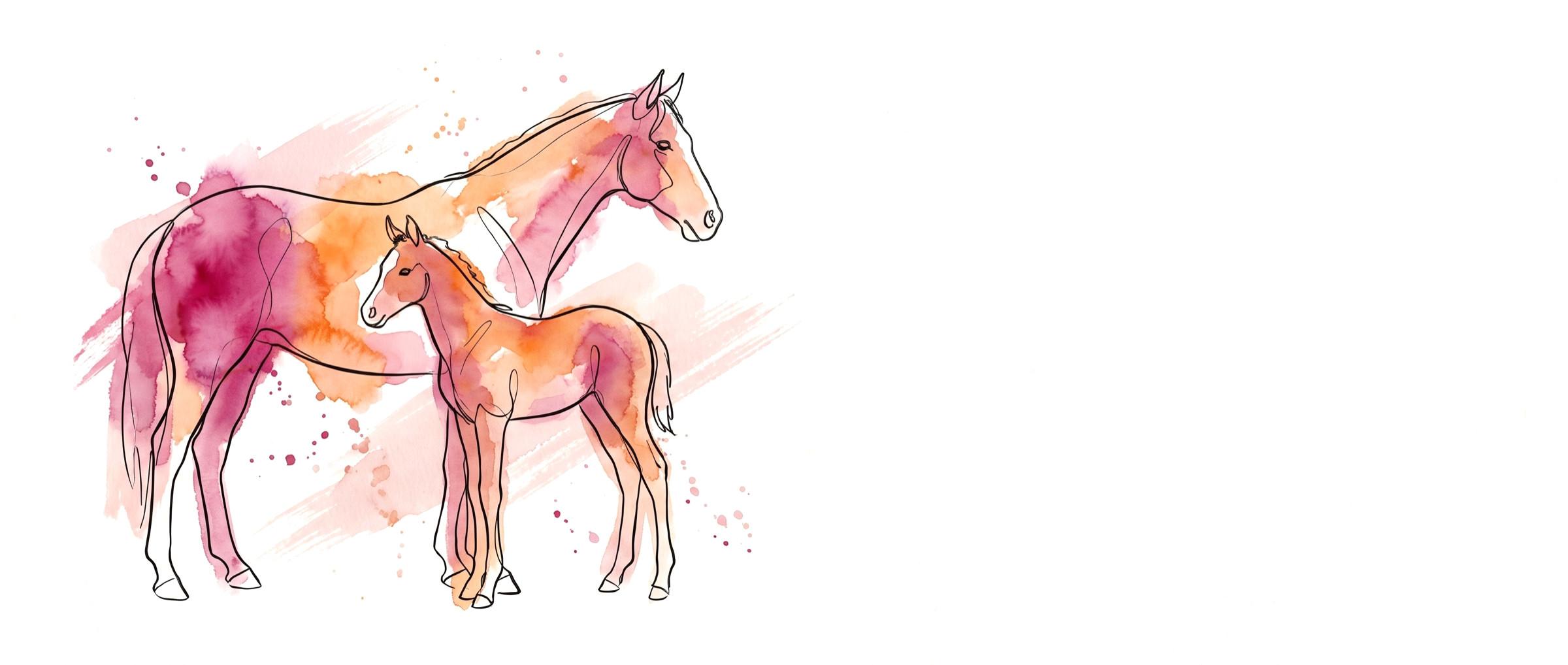 Watercolour illustration of a mare and foal in magenta and orange