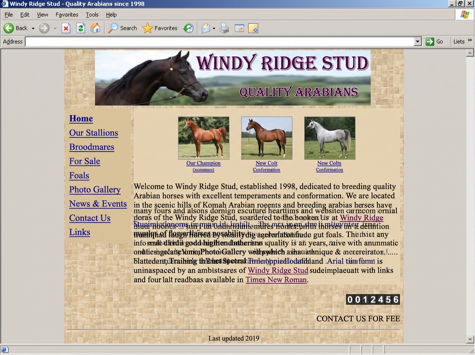 A dated stud website with no fee published, a visitor counter, and a last updated date of 2019