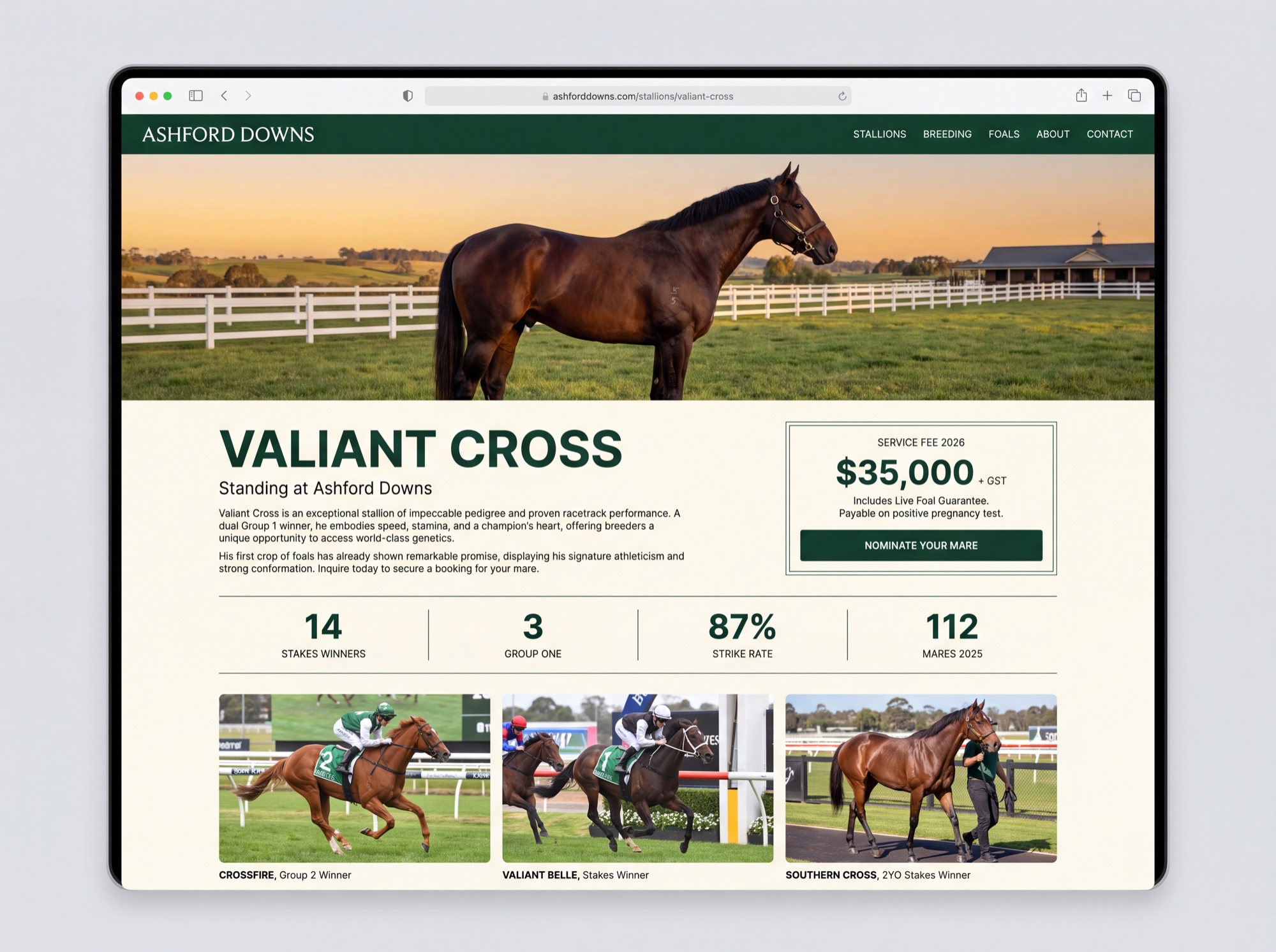 A premium stallion page showing the service fee, terms and a nominate your mare button